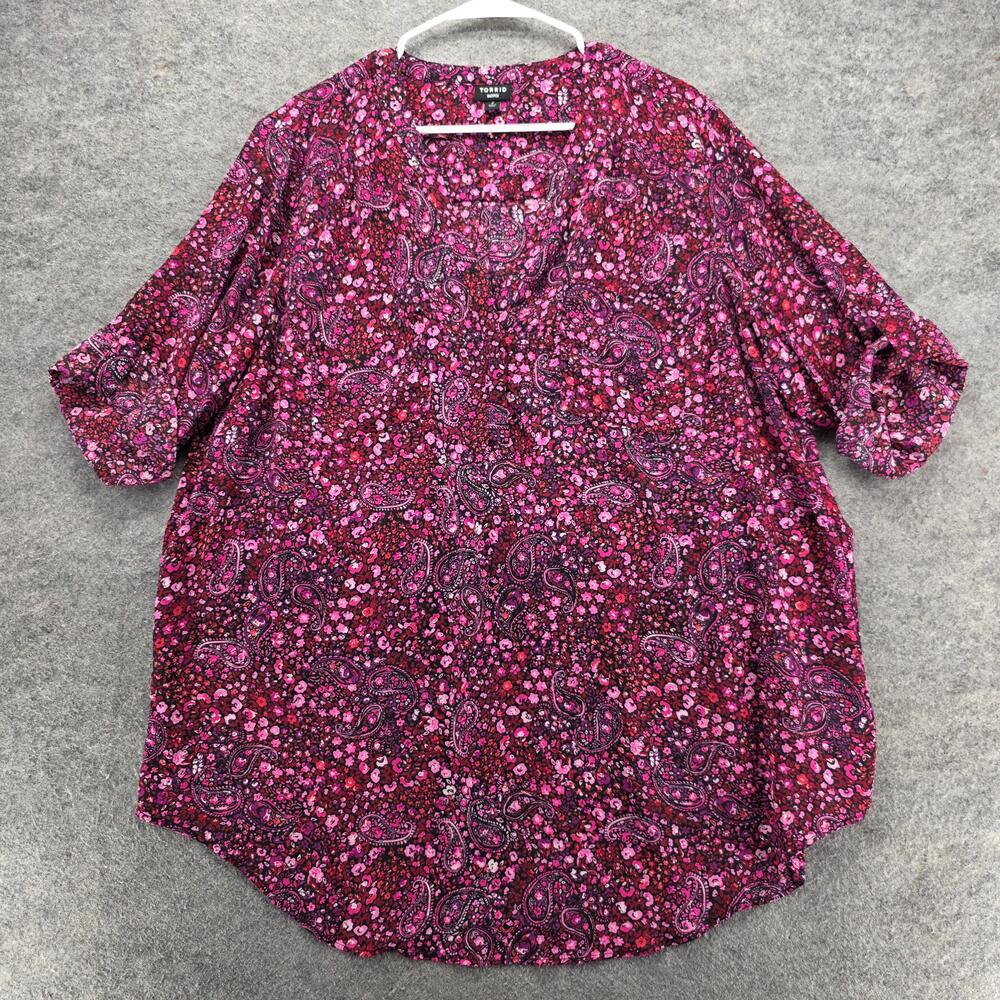 Torrid Harper Shirt Womens 2X Black Pink Purple Paisley Floral Blouse V Neck